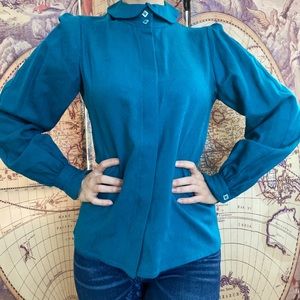 Joseph Magnin Turqouise blouse retro 60s 70s